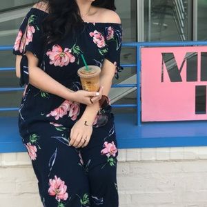 Navy Blue Floral Off The Shoulder Jumpsuit